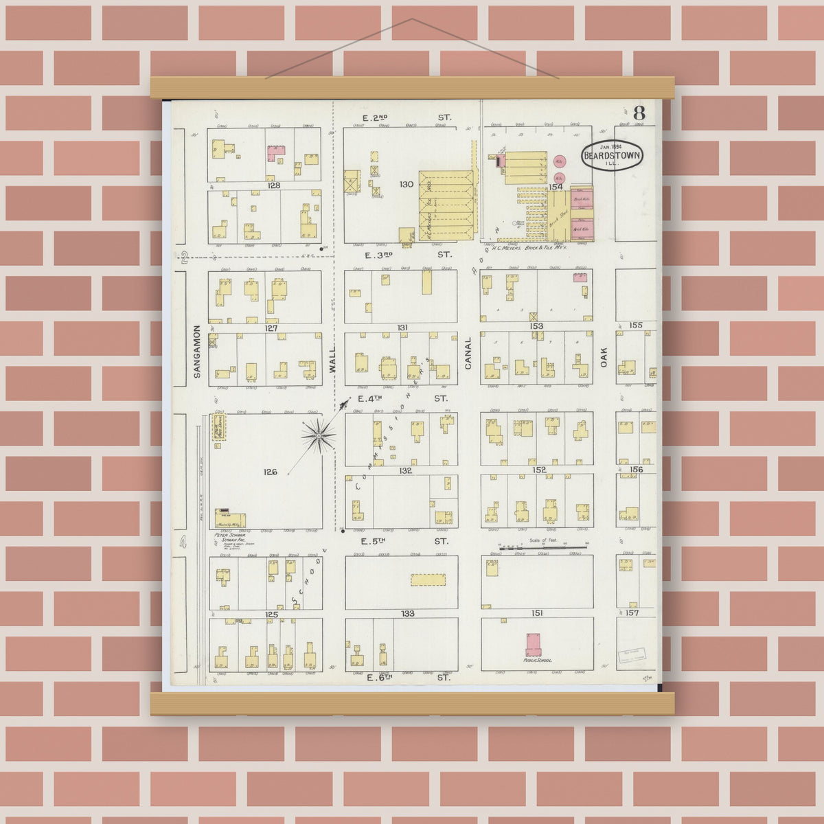 Old map wall art mockup — magnetic wood frame on brick wall — Sanborn Fire Insurance Map from Beardstown, Cass County, Illinois (1894), Sheet #0008