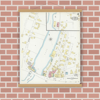 Old map wall art mockup — magnetic wood frame on brick wall — Sanborn Fire Insurance Map from Warren, Worcester County, Massachusetts (1896), Sheet #0004