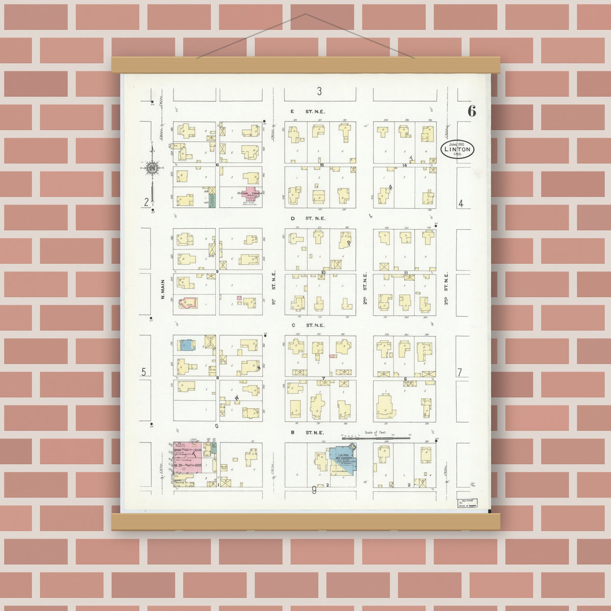 Old map wall art mockup — magnetic wood frame on brick wall — Sanborn Fire Insurance Map from Linton, Greene County, Indiana (1910), Sheet #0006