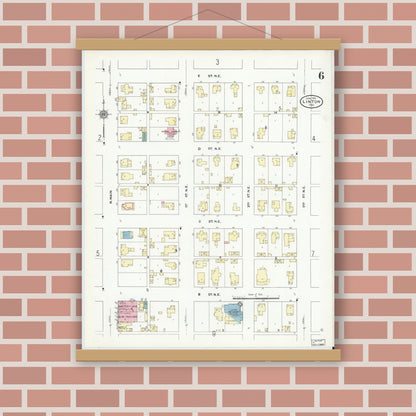 Old map wall art mockup — magnetic wood frame on brick wall — Sanborn Fire Insurance Map from Linton, Greene County, Indiana (1910), Sheet #0006