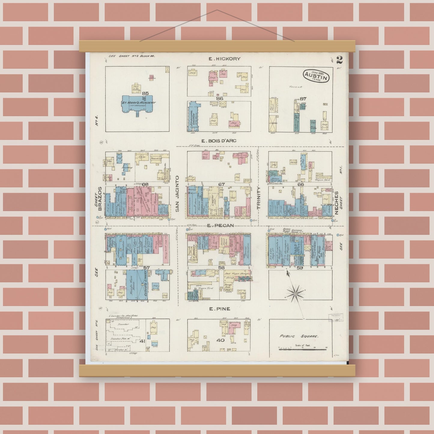 Old map wall art mockup — magnetic wood frame on brick wall — Sanborn Fire Insurance Map from Austin, Travis County, Texas (1885), Sheet #0002