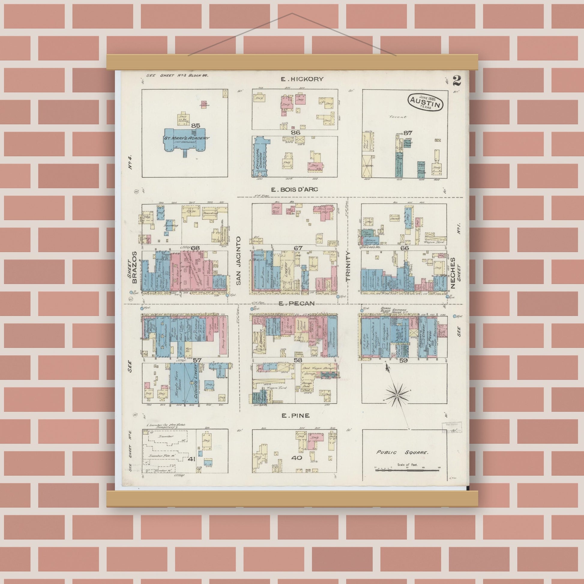 Old map wall art mockup — magnetic wood frame on brick wall — Sanborn Fire Insurance Map from Austin, Travis County, Texas (1885), Sheet #0002