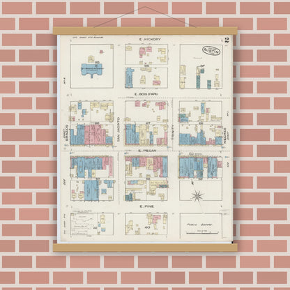 Old map wall art mockup — magnetic wood frame on brick wall — Sanborn Fire Insurance Map from Austin, Travis County, Texas (1885), Sheet #0002