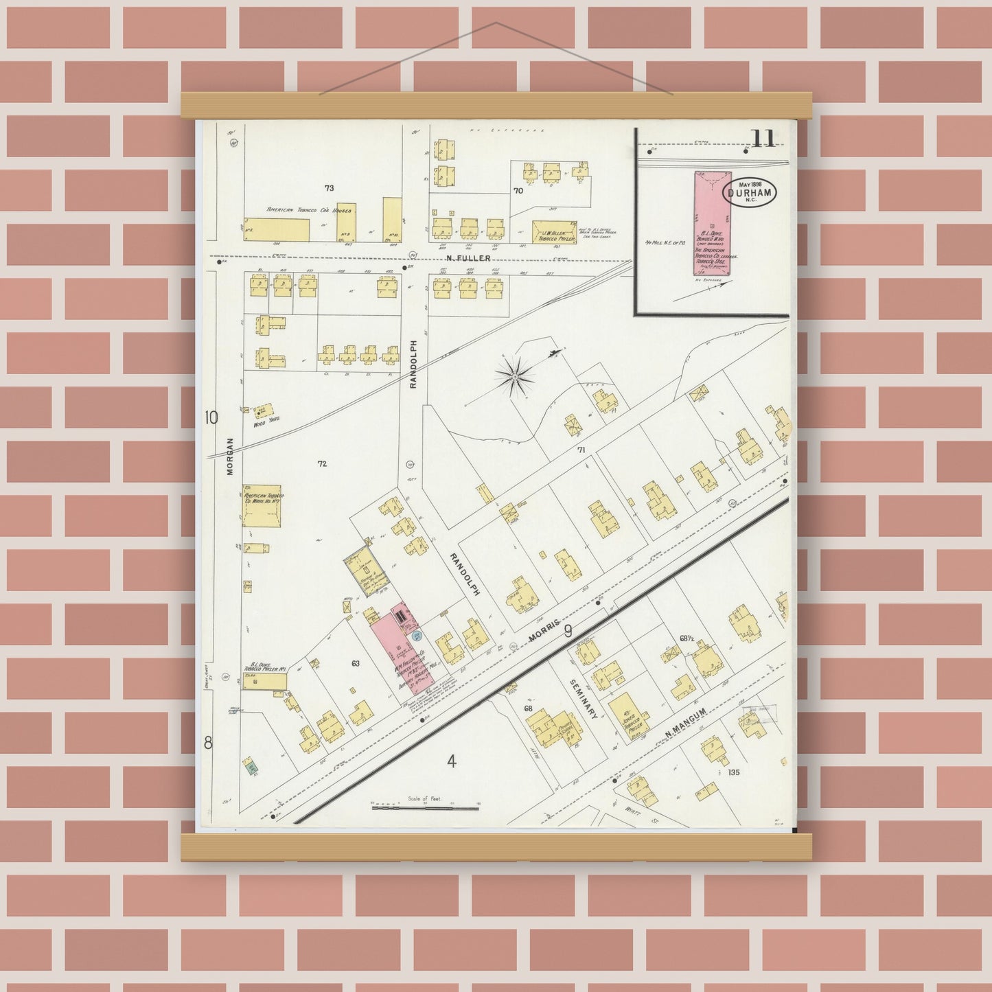 Old map wall art mockup — magnetic wood frame on brick wall — Sanborn Fire Insurance Map from Durham, Durham County, North Carolina (1898), Sheet #0011