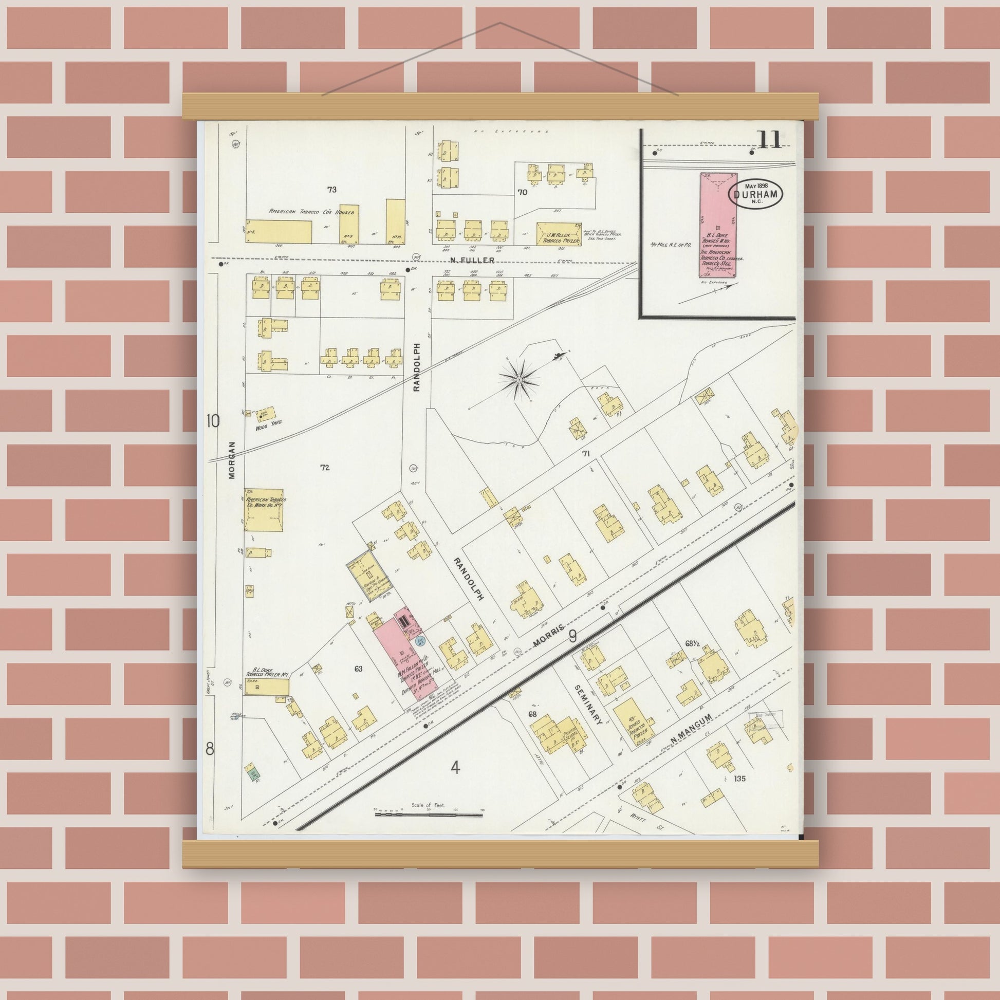 Old map wall art mockup — magnetic wood frame on brick wall — Sanborn Fire Insurance Map from Durham, Durham County, North Carolina (1898), Sheet #0011