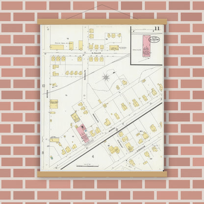 Old map wall art mockup — magnetic wood frame on brick wall — Sanborn Fire Insurance Map from Durham, Durham County, North Carolina (1898), Sheet #0011