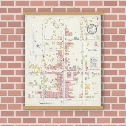 Old map wall art mockup — magnetic wood frame on brick wall — Sanborn Fire Insurance Map from Lexington, Independent Cities, Virginia (1897), Sheet #0001