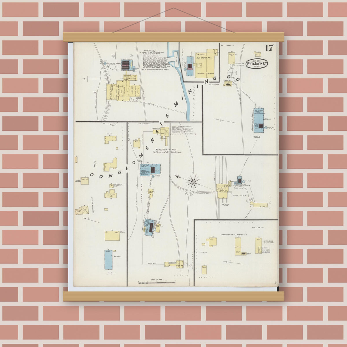 Old map wall art mockup — magnetic wood frame on brick wall — Sanborn Fire Insurance Map from Red Jacket, Houghton County, Michigan (1893), Sheet #0017