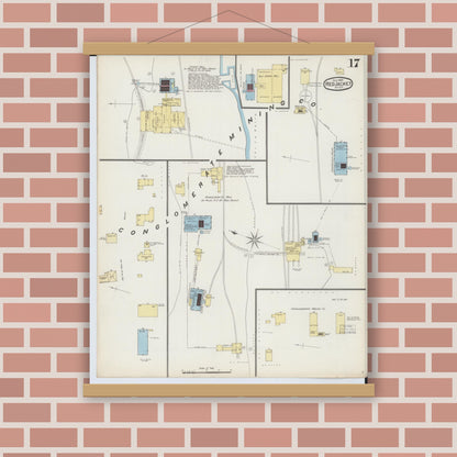 Old map wall art mockup — magnetic wood frame on brick wall — Sanborn Fire Insurance Map from Red Jacket, Houghton County, Michigan (1893), Sheet #0017