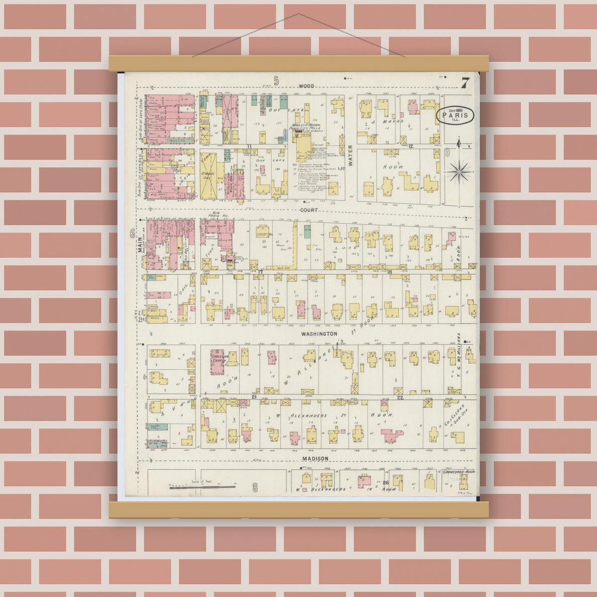 Old map wall art mockup — magnetic wood frame on brick wall — Sanborn Fire Insurance Map from Paris, Edgar County, Illinois (1895), Sheet #0007