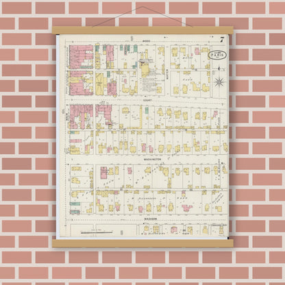 Old map wall art mockup — magnetic wood frame on brick wall — Sanborn Fire Insurance Map from Paris, Edgar County, Illinois (1895), Sheet #0007
