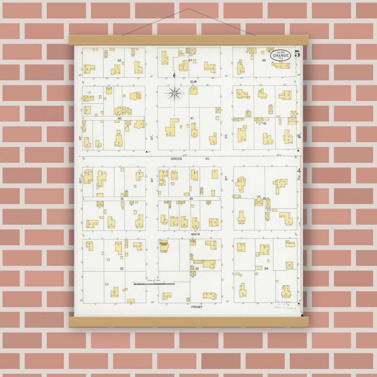 Old map wall art mockup — magnetic wood frame on brick wall — Sanborn Fire Insurance Map from Orange, Orange County, Texas (1901), Sheet #0005