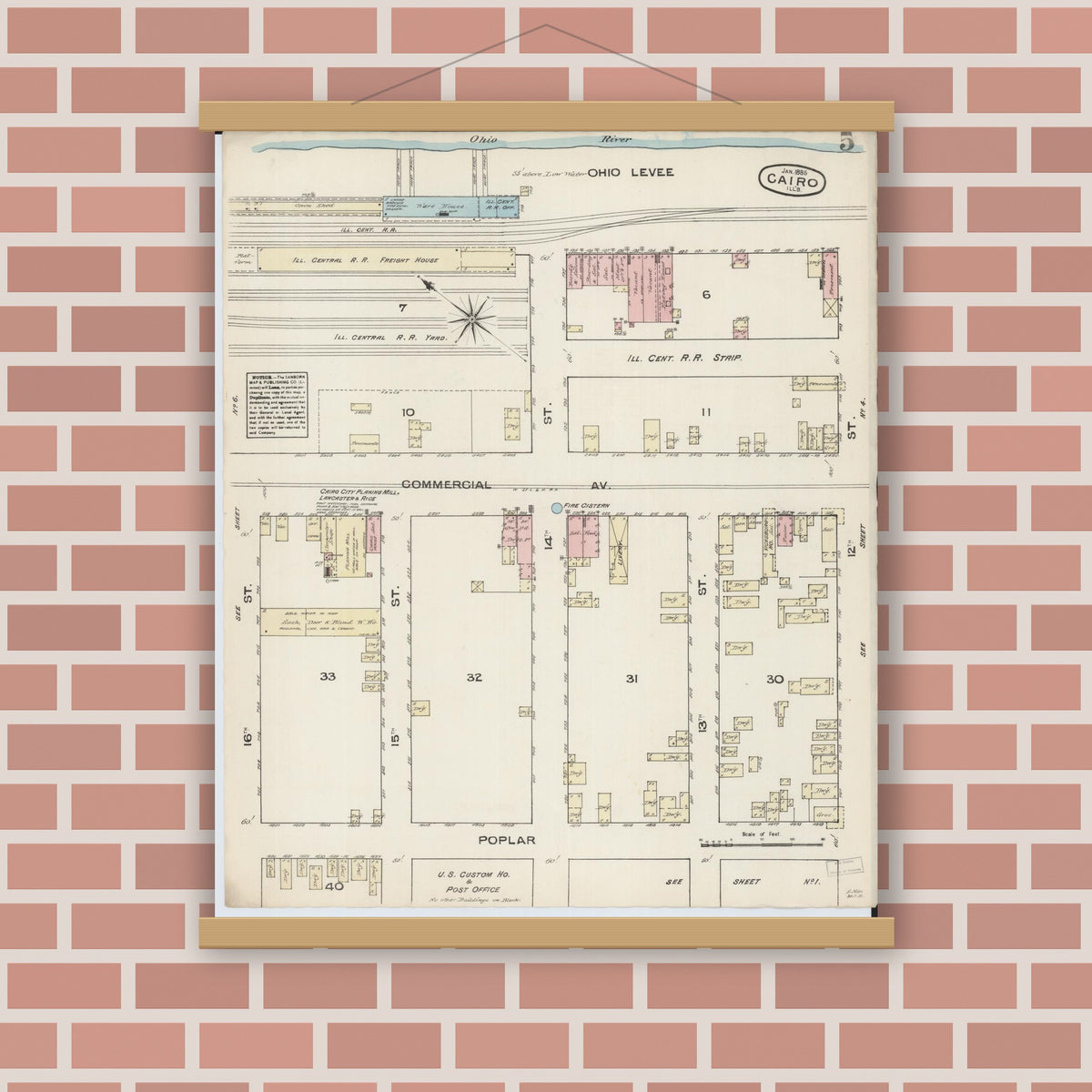Old map wall art mockup — magnetic wood frame on brick wall — Sanborn Fire Insurance Map from Cairo, Alexander County, Illinois (1885), Sheet #0005