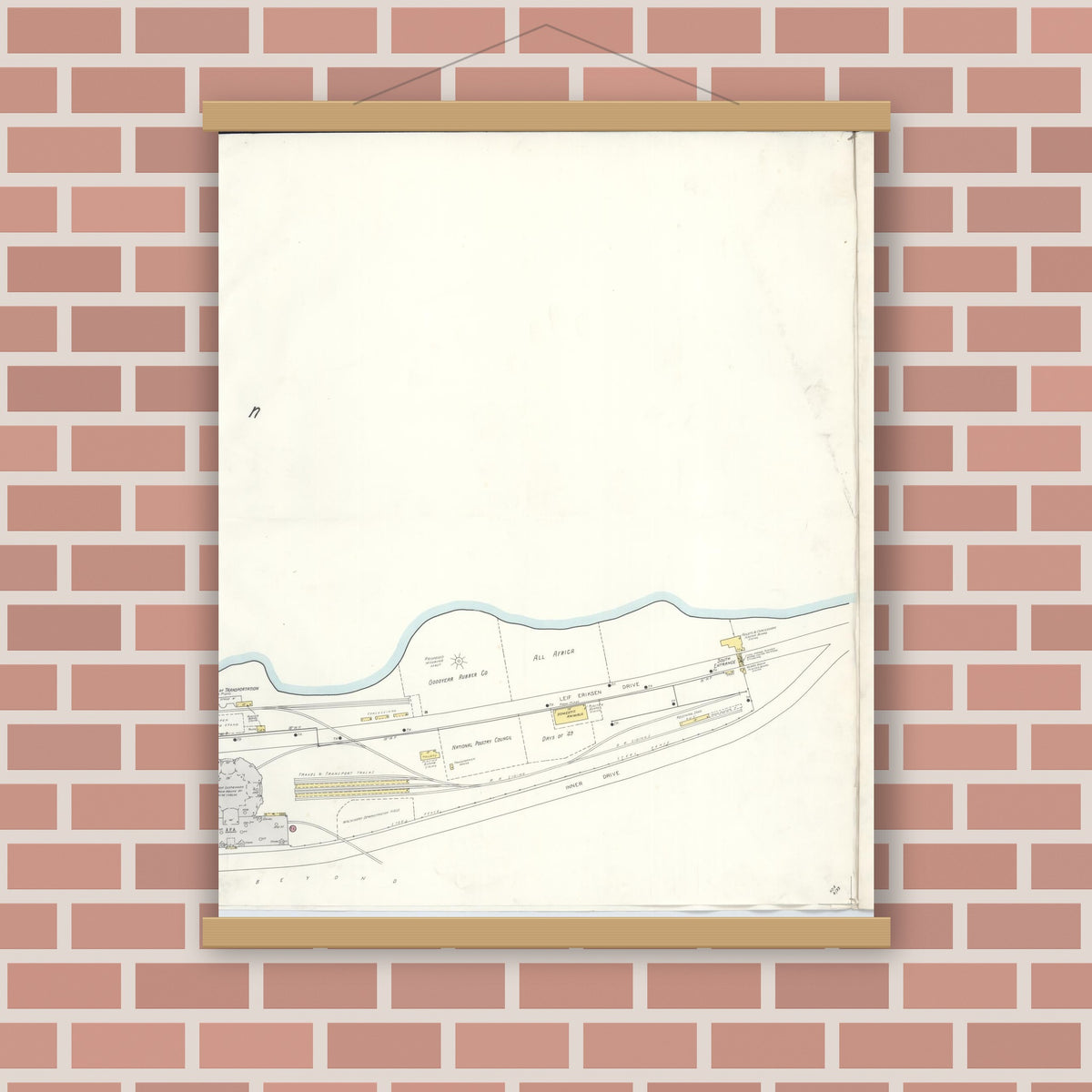 Old map wall art mockup — magnetic wood frame on brick wall — Sanborn Fire Insurance Map from Chicago, Cook County, Illinois (Unknown), Sheet #0005