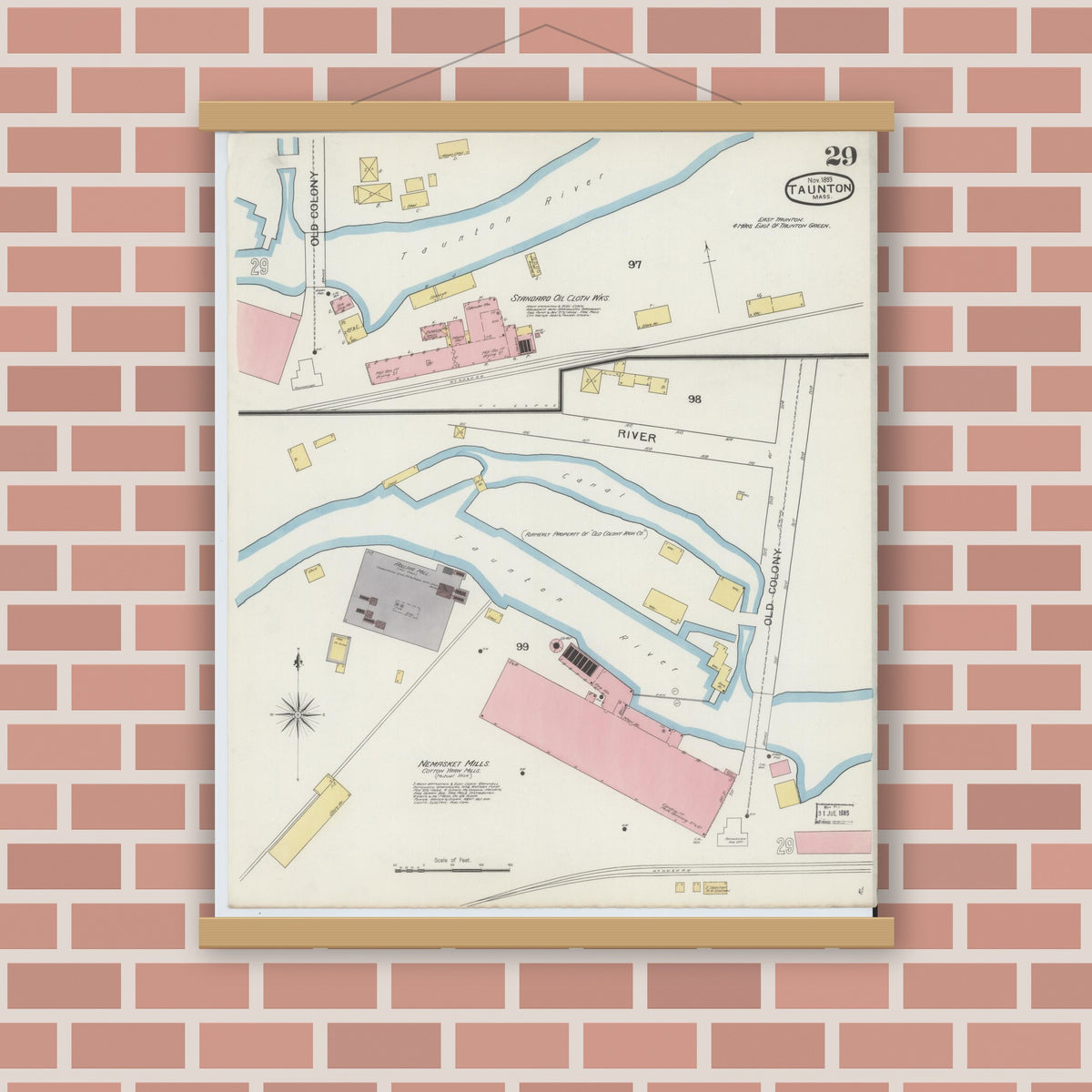 Old map wall art mockup — magnetic wood frame on brick wall — Sanborn Fire Insurance Map from Taunton, Bristol County, Massachusetts (1893), Sheet #0029