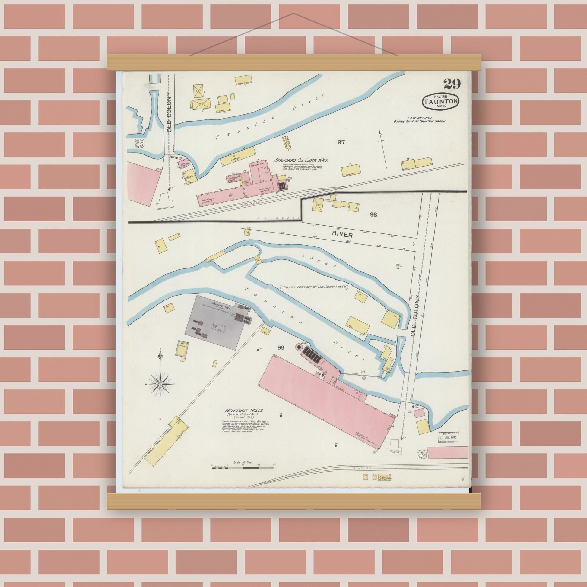 Old map wall art mockup — magnetic wood frame on brick wall — Sanborn Fire Insurance Map from Taunton, Bristol County, Massachusetts (1893), Sheet #0029