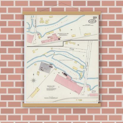Old map wall art mockup — magnetic wood frame on brick wall — Sanborn Fire Insurance Map from Taunton, Bristol County, Massachusetts (1893), Sheet #0029