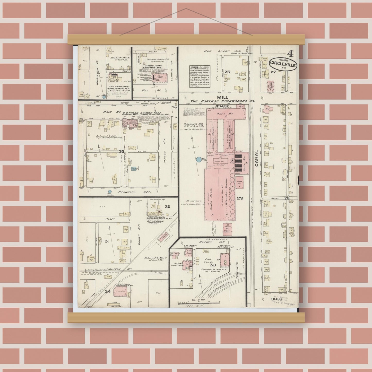 Old map wall art mockup — magnetic wood frame on brick wall — Sanborn Fire Insurance Map from Circleville, Pickaway County, Ohio (1884), Sheet #0004