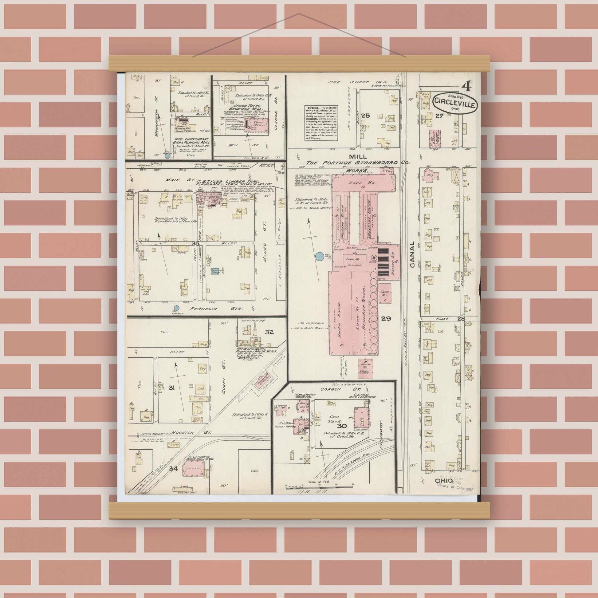 Old map wall art mockup — magnetic wood frame on brick wall — Sanborn Fire Insurance Map from Circleville, Pickaway County, Ohio (1884), Sheet #0004