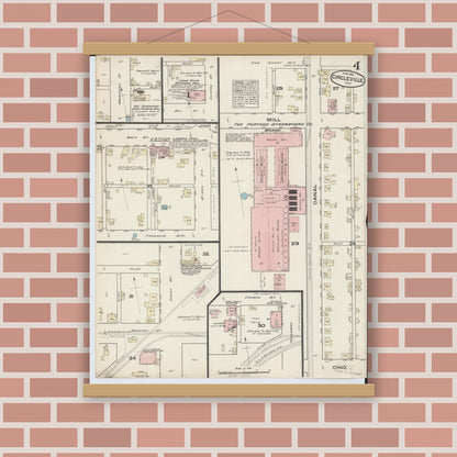 Old map wall art mockup — magnetic wood frame on brick wall — Sanborn Fire Insurance Map from Circleville, Pickaway County, Ohio (1884), Sheet #0004