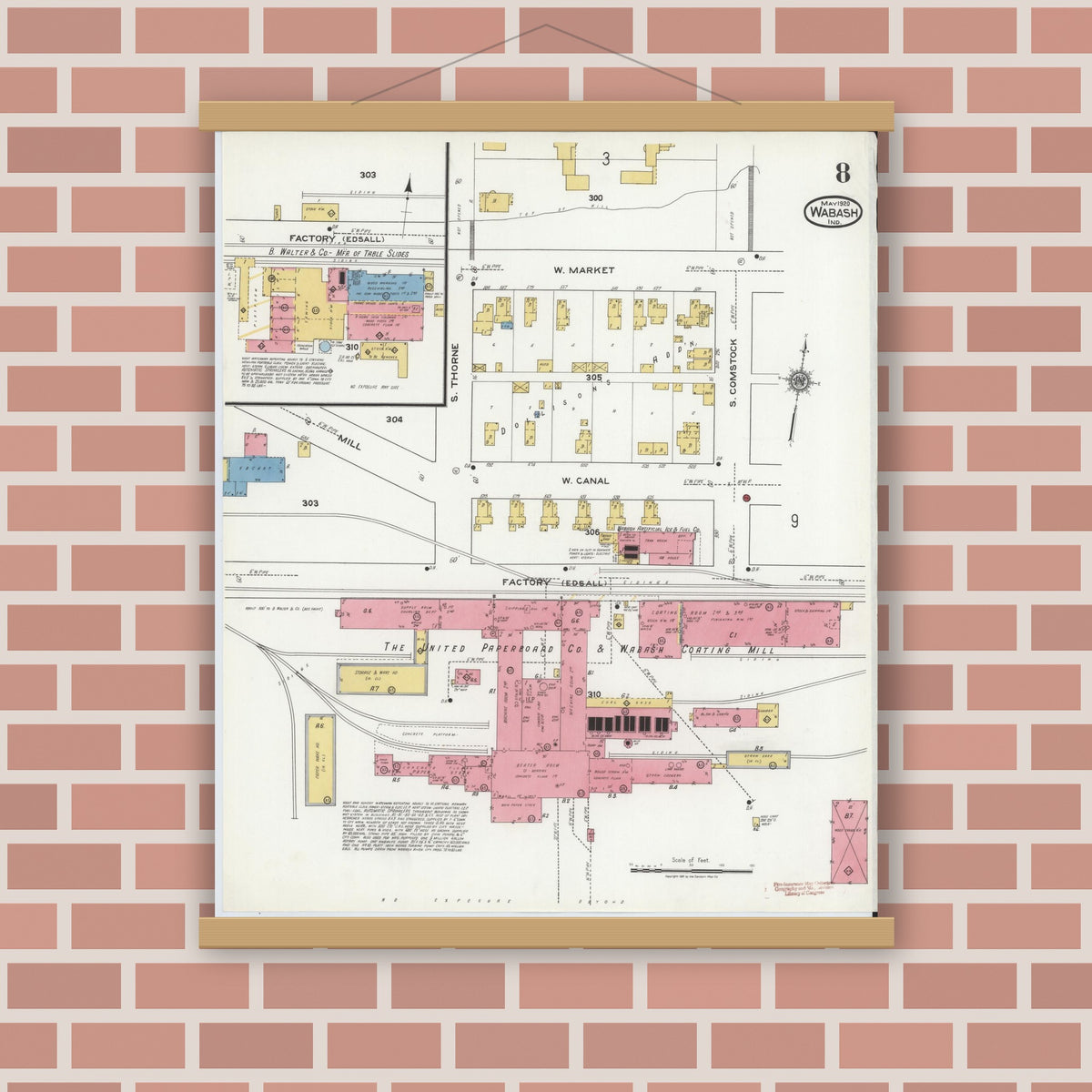 Old map wall art mockup — magnetic wood frame on brick wall — Sanborn Fire Insurance Map from Wabash, Wabash County, Indiana (1920), Sheet #0008