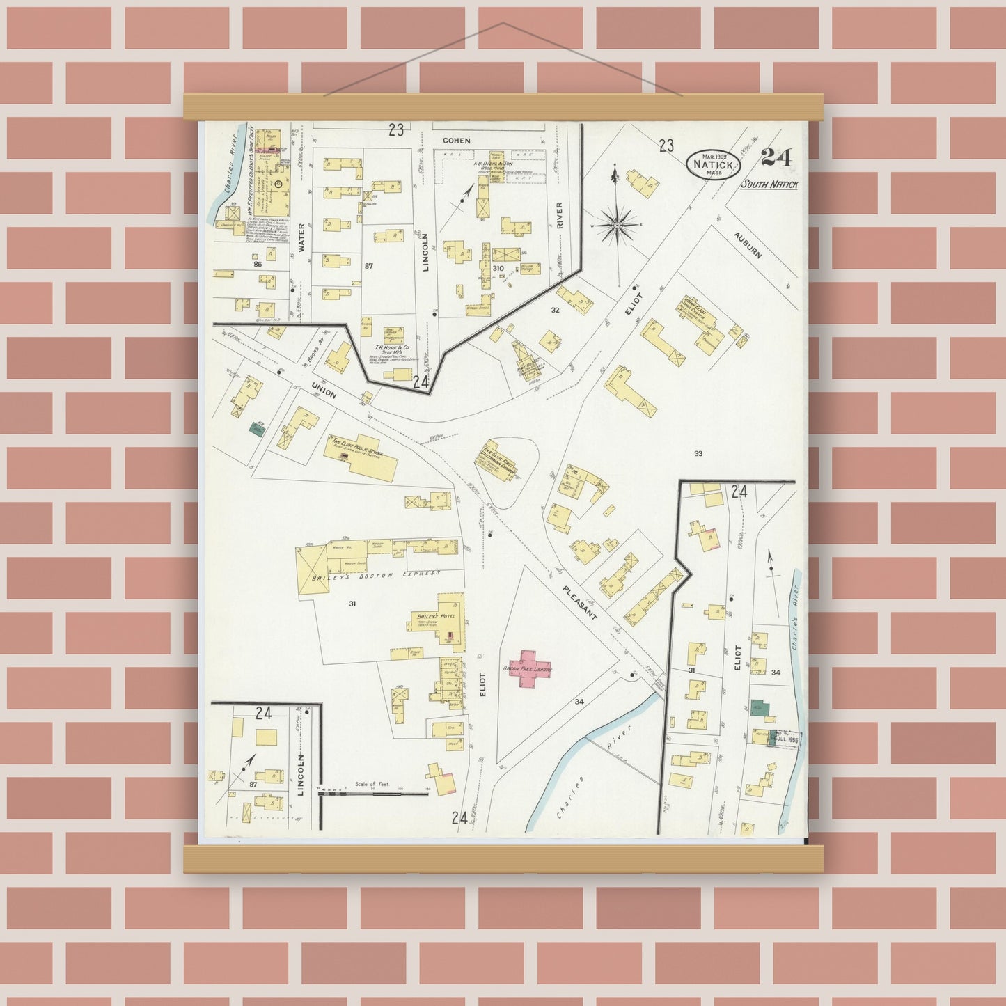 Old map wall art mockup — magnetic wood frame on brick wall — Sanborn Fire Insurance Map from Natick, Middlesex County, Massachusetts (1909), Sheet #0024