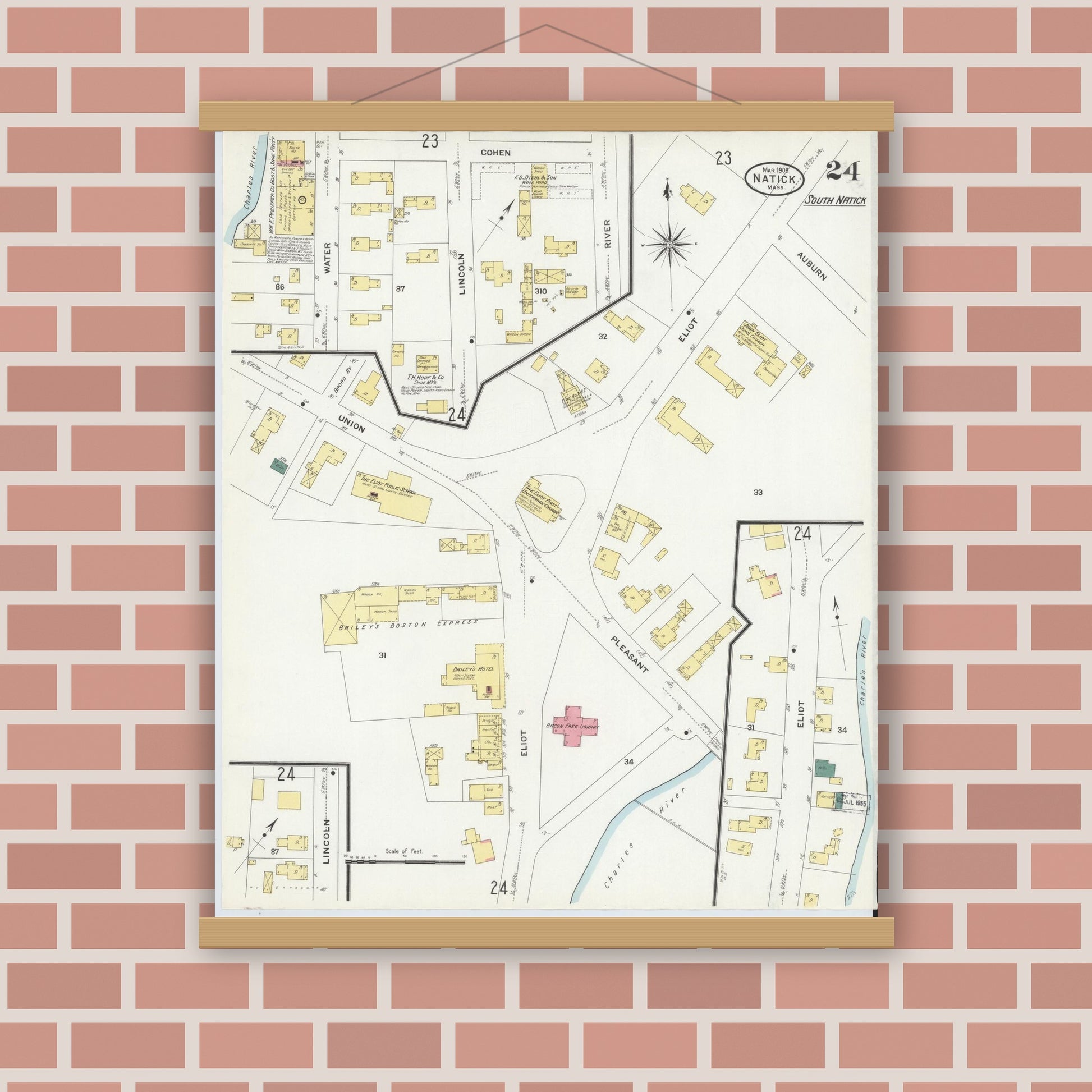 Old map wall art mockup — magnetic wood frame on brick wall — Sanborn Fire Insurance Map from Natick, Middlesex County, Massachusetts (1909), Sheet #0024