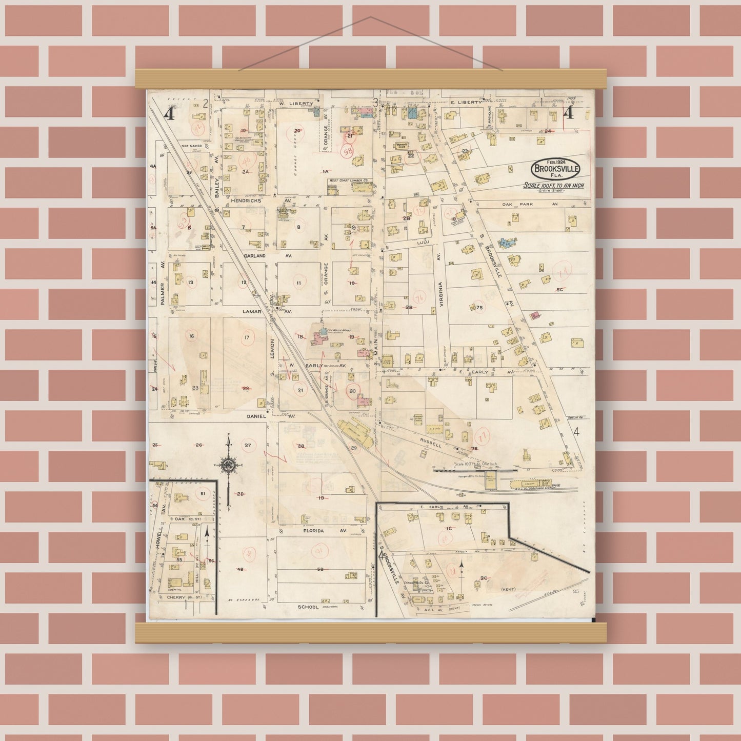 Old map wall art mockup — magnetic wood frame on brick wall — Sanborn Fire Insurance Map from Brooksville, Hernando County, Florida (1945), Sheet #0004