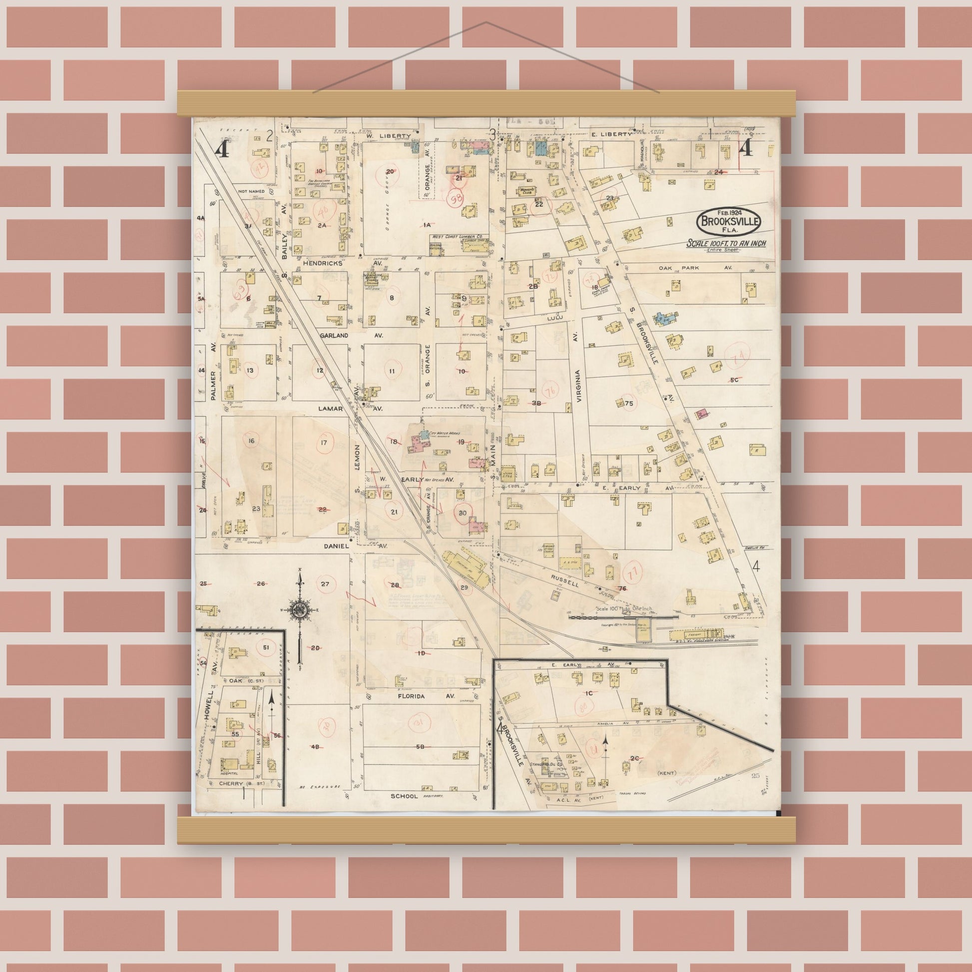 Old map wall art mockup — magnetic wood frame on brick wall — Sanborn Fire Insurance Map from Brooksville, Hernando County, Florida (1945), Sheet #0004