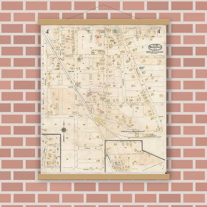 Old map wall art mockup — magnetic wood frame on brick wall — Sanborn Fire Insurance Map from Brooksville, Hernando County, Florida (1945), Sheet #0004