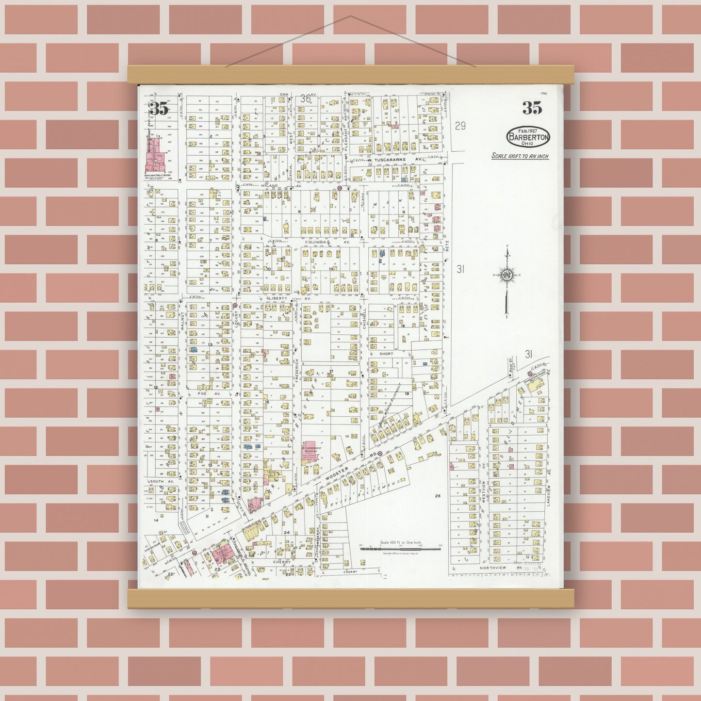 Old map wall art mockup — magnetic wood frame on brick wall — Sanborn Fire Insurance Map from Barberton, Summit County, Ohio (1927), Sheet #0035
