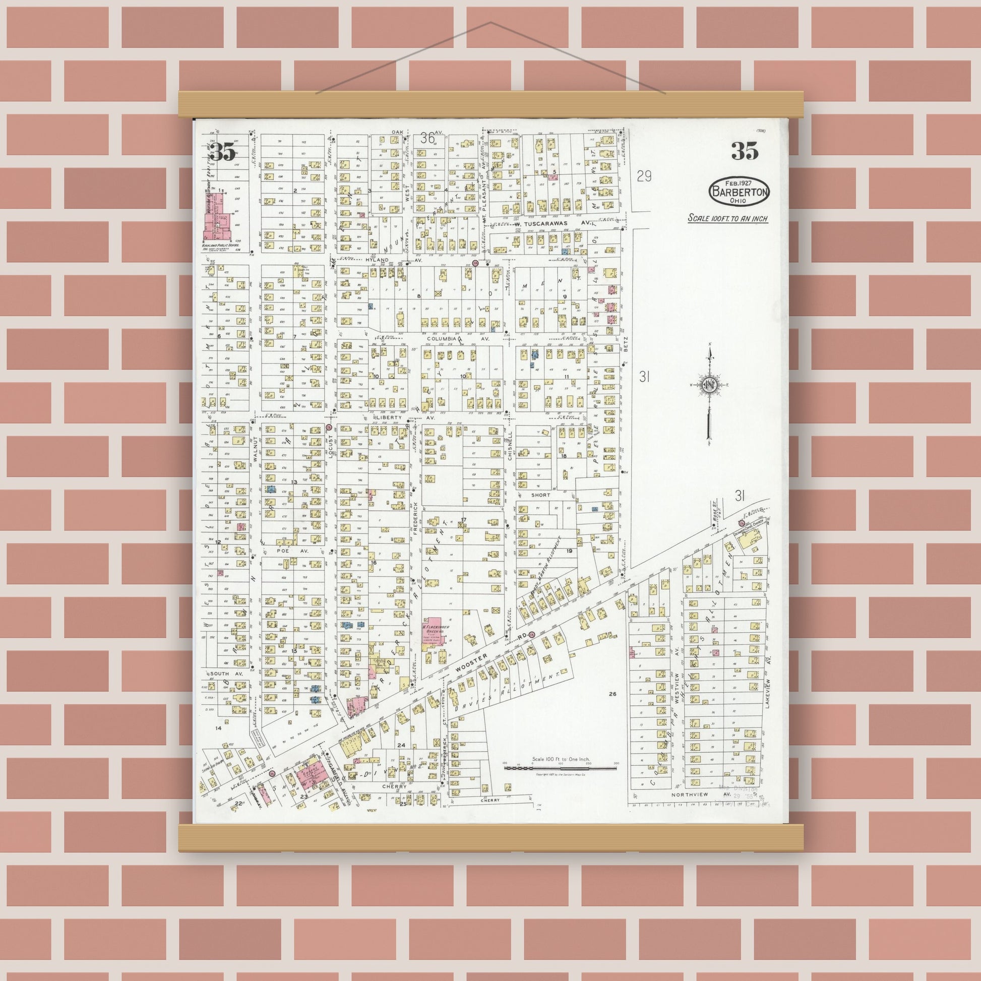 Old map wall art mockup — magnetic wood frame on brick wall — Sanborn Fire Insurance Map from Barberton, Summit County, Ohio (1927), Sheet #0035