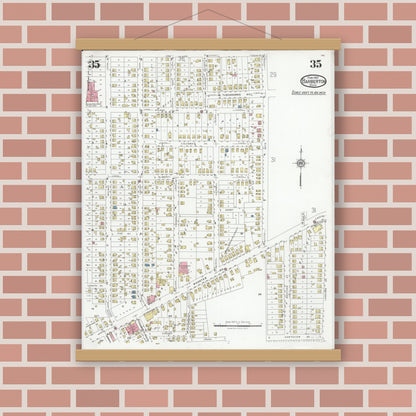 Old map wall art mockup — magnetic wood frame on brick wall — Sanborn Fire Insurance Map from Barberton, Summit County, Ohio (1927), Sheet #0035