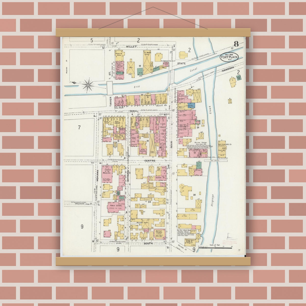 Old map wall art mockup — magnetic wood frame on brick wall — Sanborn Fire Insurance Map from Fort Plain, Montgomery County, New York (1906), Sheet #0008