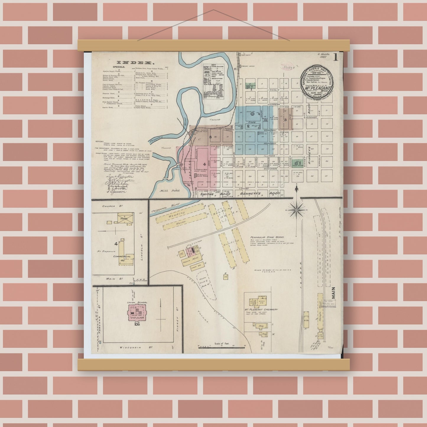 Old map wall art mockup — magnetic wood frame on brick wall — Sanborn Fire Insurance Map from Mount Pleasant, Isabella County, Michigan (1890) - Complete Map Set