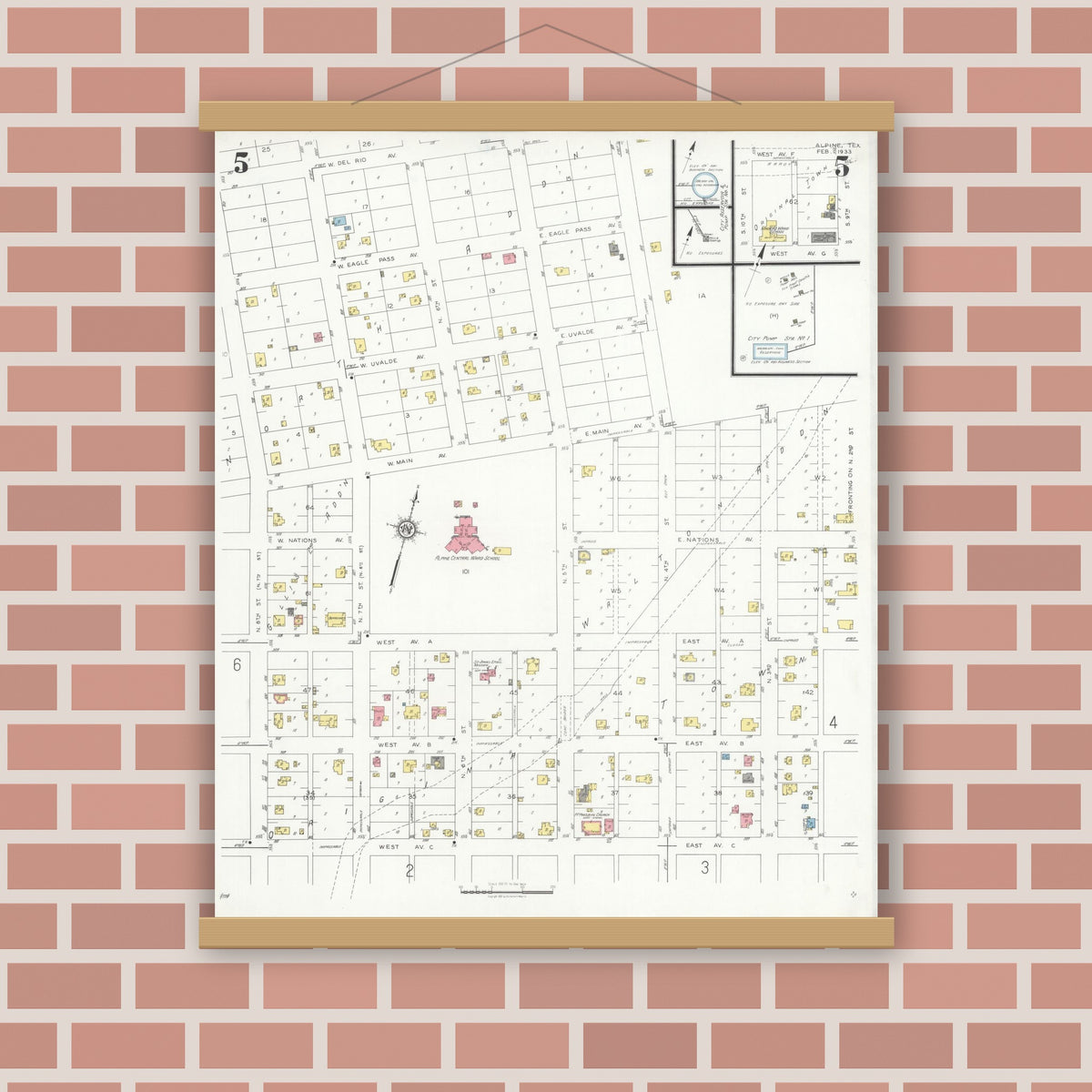 Old map wall art mockup — magnetic wood frame on brick wall — Sanborn Fire Insurance Map from Alpine, Brewster County, Texas (1933), Sheet #0005