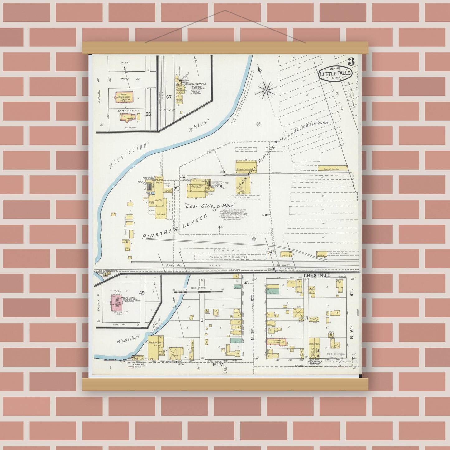Old map wall art mockup — magnetic wood frame on brick wall — Sanborn Fire Insurance Map from Little Falls, Morrison County, Minnesota (1892), Sheet #0003