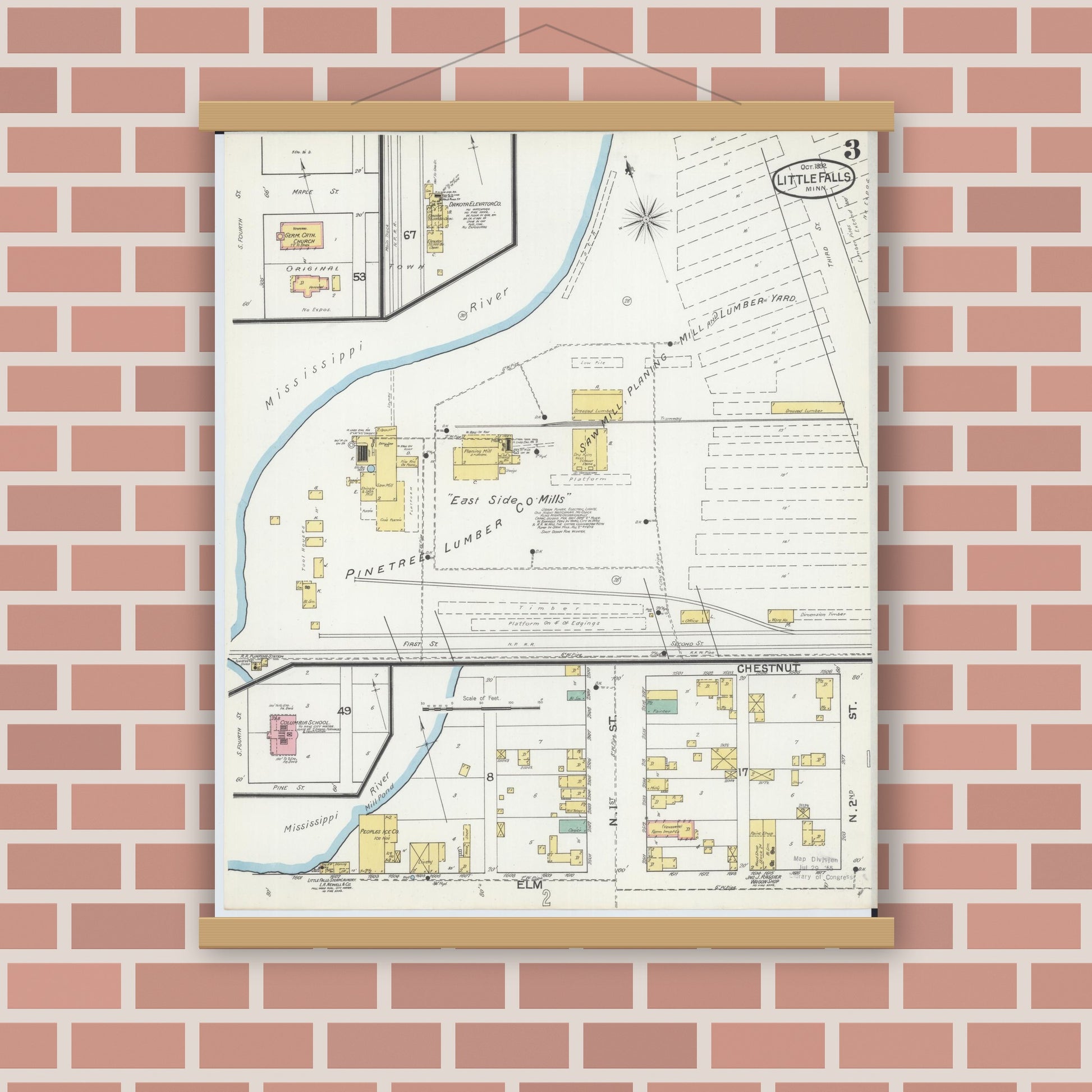 Old map wall art mockup — magnetic wood frame on brick wall — Sanborn Fire Insurance Map from Little Falls, Morrison County, Minnesota (1892), Sheet #0003