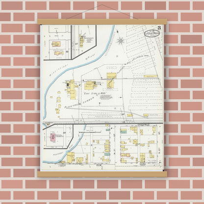 Old map wall art mockup — magnetic wood frame on brick wall — Sanborn Fire Insurance Map from Little Falls, Morrison County, Minnesota (1892), Sheet #0003