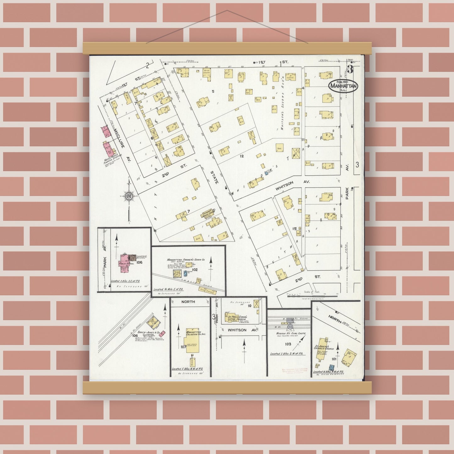 Old map wall art mockup — magnetic wood frame on brick wall — Sanborn Fire Insurance Map from Manhattan, Will County, Illinois (1921), Sheet #0003