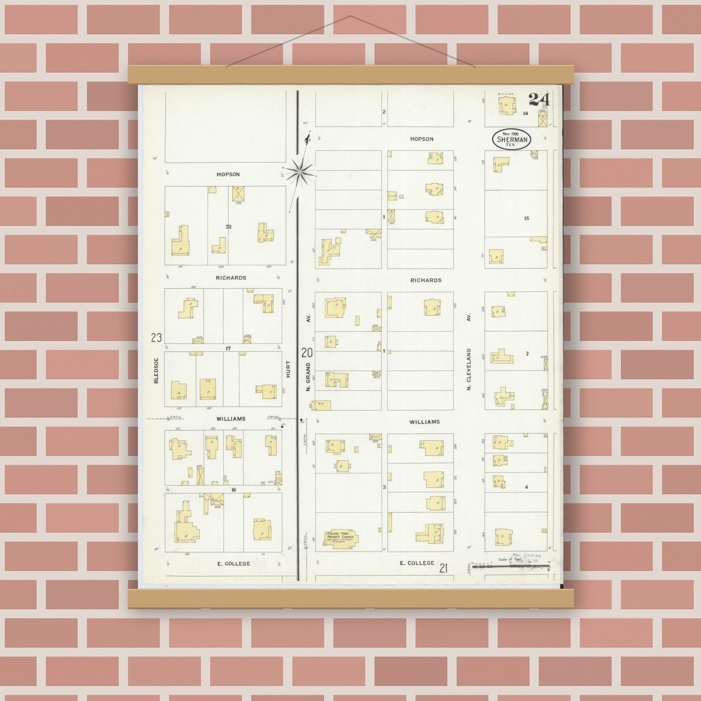 Old map wall art mockup — magnetic wood frame on brick wall — Sanborn Fire Insurance Map from Sherman, Grayson County, Texas (1908), Sheet #0024
