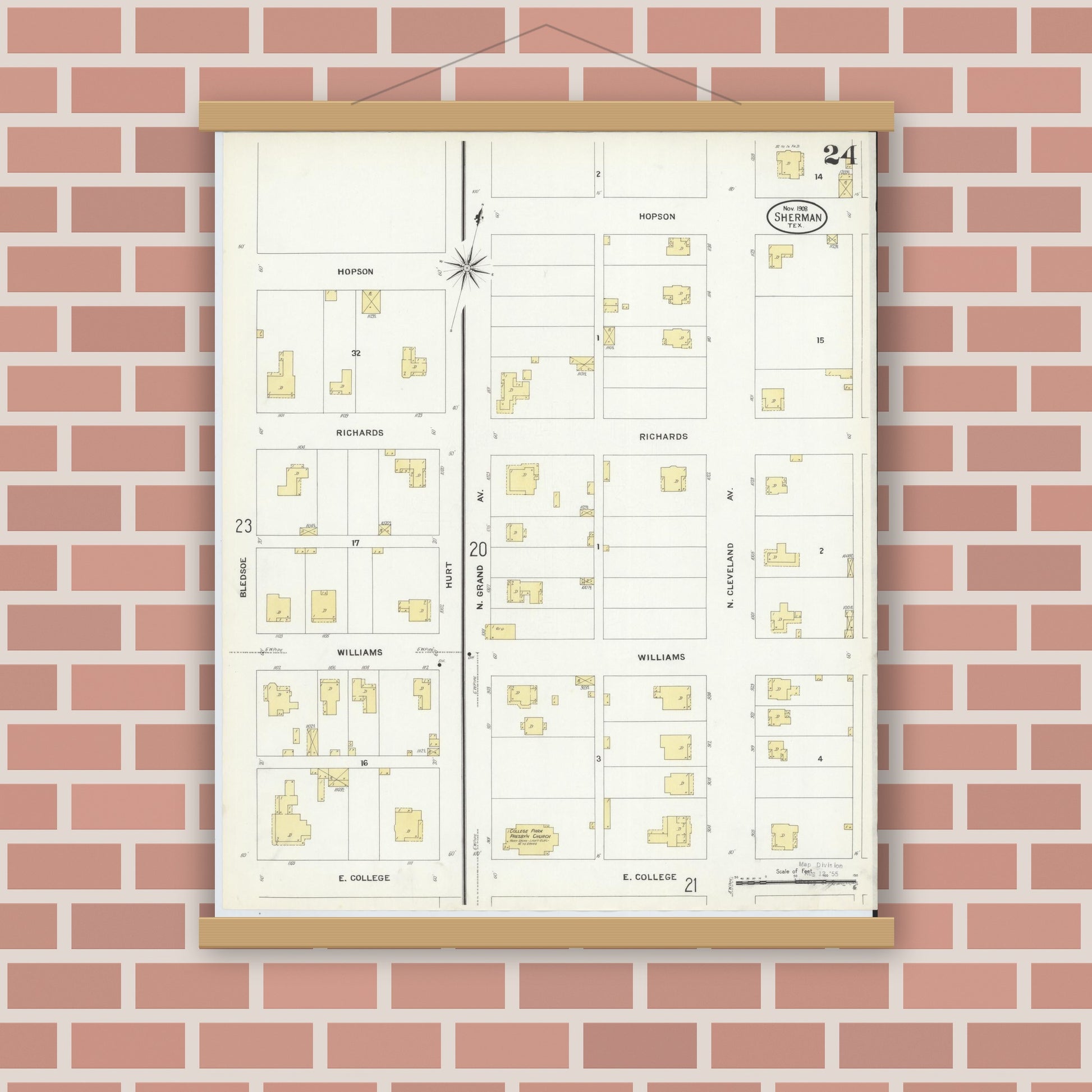 Old map wall art mockup — magnetic wood frame on brick wall — Sanborn Fire Insurance Map from Sherman, Grayson County, Texas (1908), Sheet #0024