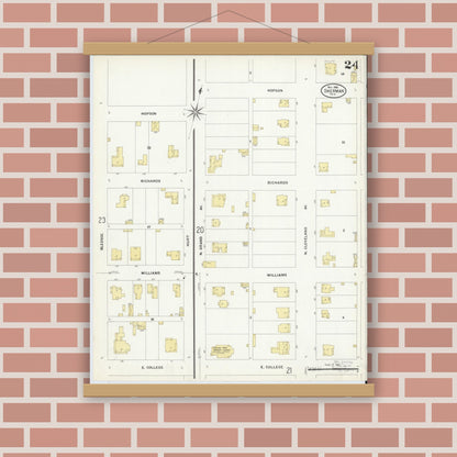 Old map wall art mockup — magnetic wood frame on brick wall — Sanborn Fire Insurance Map from Sherman, Grayson County, Texas (1908), Sheet #0024