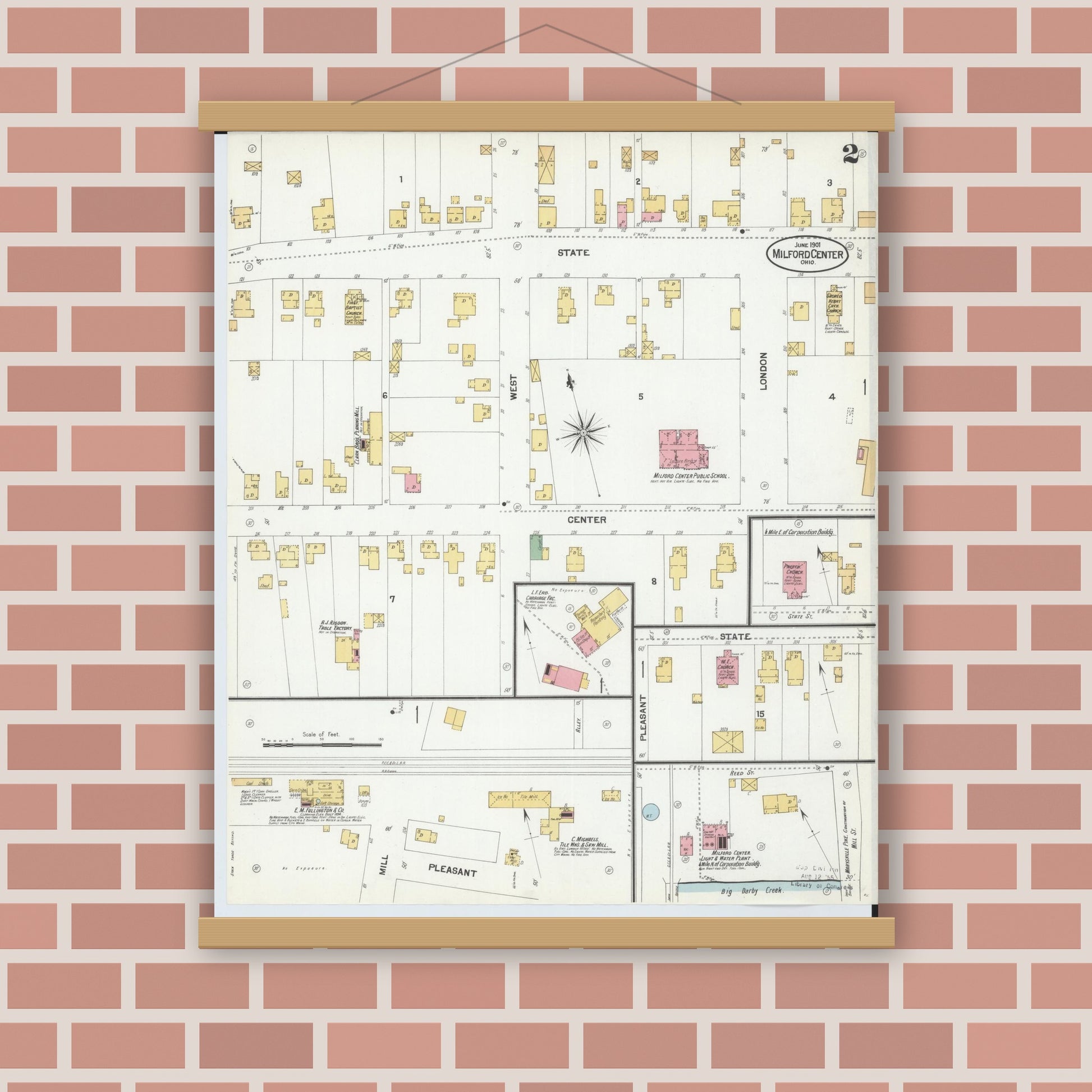 Old map wall art mockup — magnetic wood frame on brick wall — Sanborn Fire Insurance Map from Milford Center, Union County, Ohio (1901), Sheet #0002