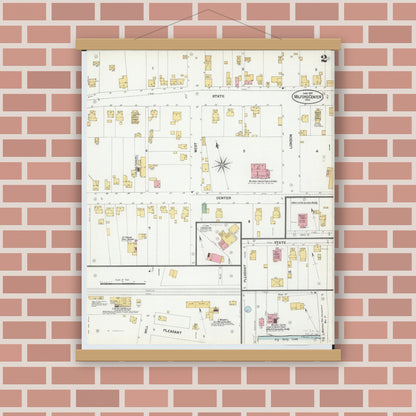 Old map wall art mockup — magnetic wood frame on brick wall — Sanborn Fire Insurance Map from Milford Center, Union County, Ohio (1901), Sheet #0002