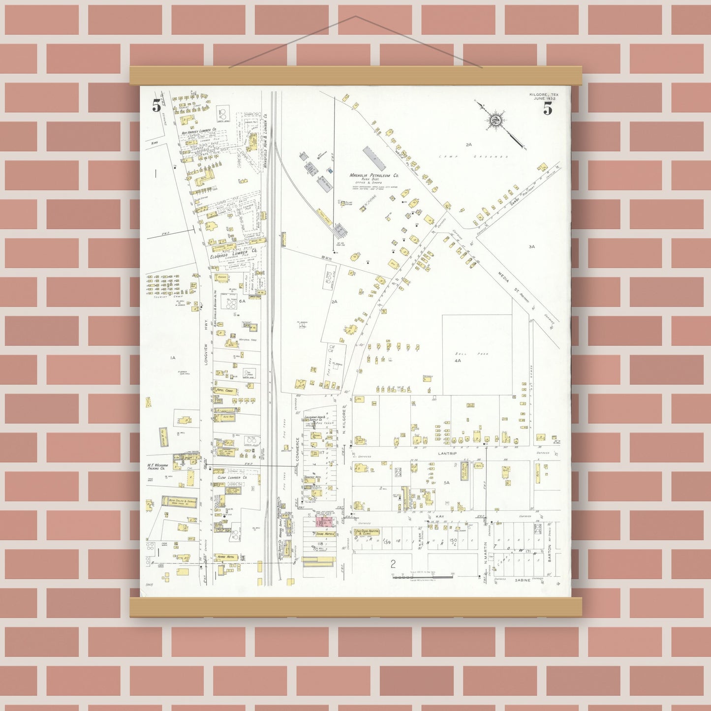 Old map wall art mockup — magnetic wood frame on brick wall — Sanborn Fire Insurance Map from Kilgore, Gregg County, Texas (1932), Sheet #0005