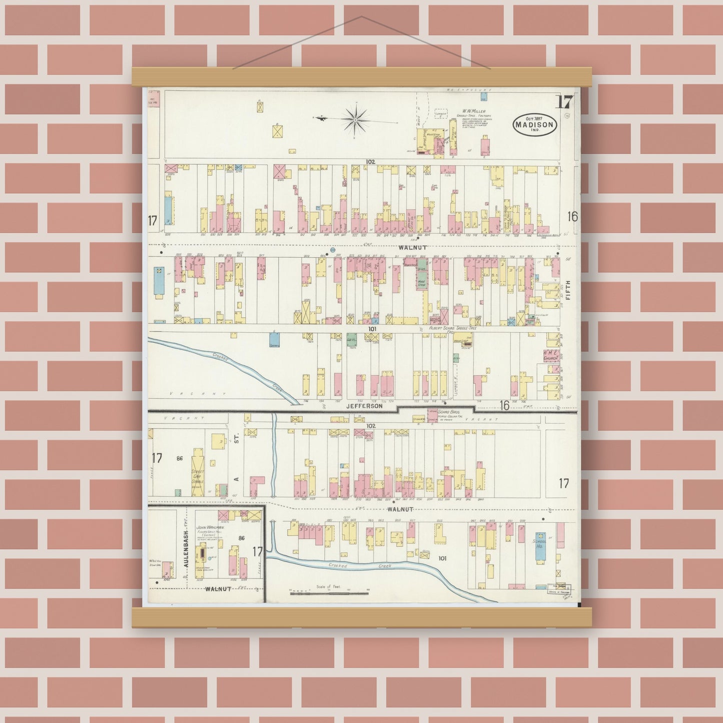 Old map wall art mockup — magnetic wood frame on brick wall — Sanborn Fire Insurance Map from Madison, Jefferson County, Indiana (1897), Sheet #0017
