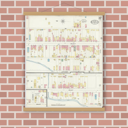 Old map wall art mockup — magnetic wood frame on brick wall — Sanborn Fire Insurance Map from Madison, Jefferson County, Indiana (1897), Sheet #0017