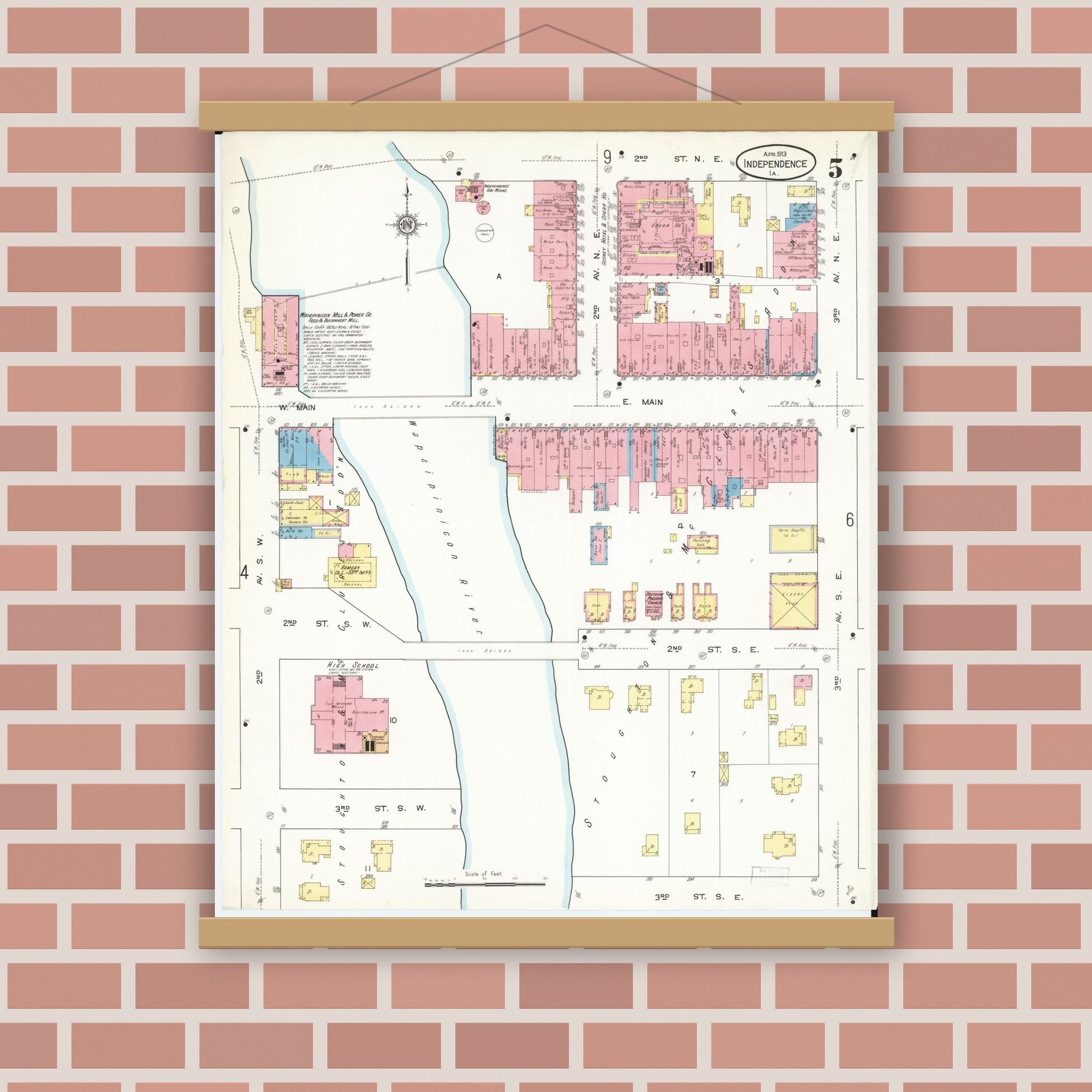 Old map wall art mockup — magnetic wood frame on brick wall — Sanborn Fire Insurance Map from Independence, Buchanan County, Iowa (1913), Sheet #0005