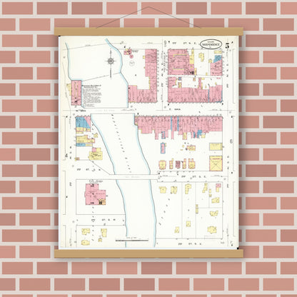 Old map wall art mockup — magnetic wood frame on brick wall — Sanborn Fire Insurance Map from Independence, Buchanan County, Iowa (1913), Sheet #0005